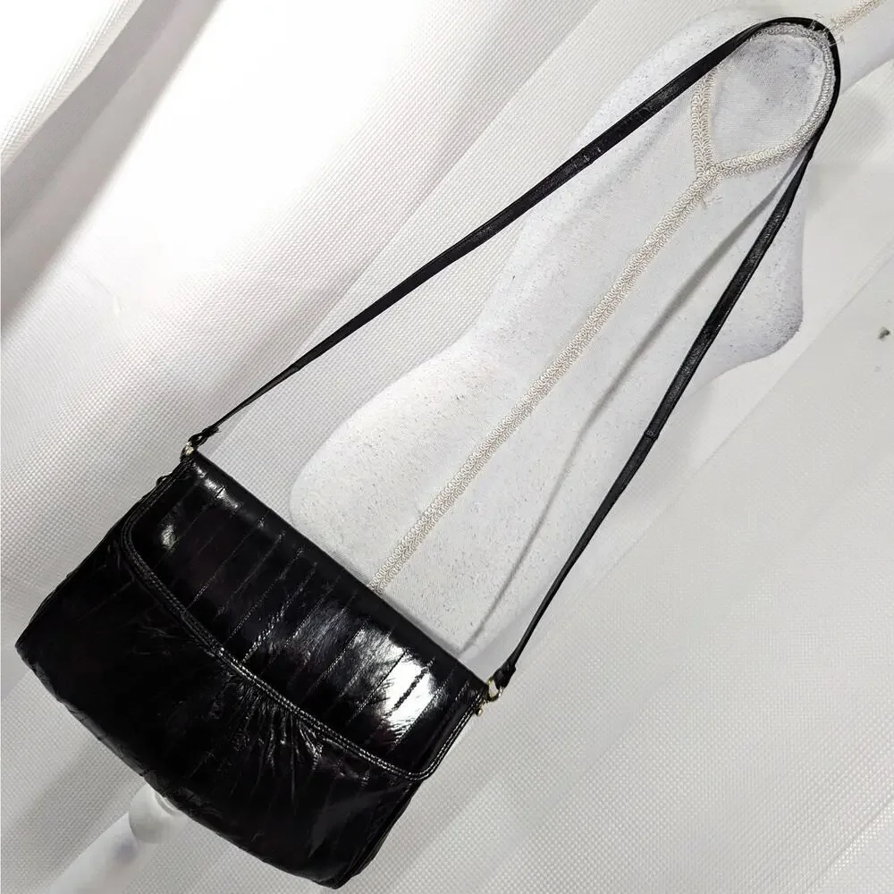 VINTAGE BLACK EEL! GORGEOUS SUEDE LEATHER LINED SHOULDER BAG, PURSE, LIKE NEW!